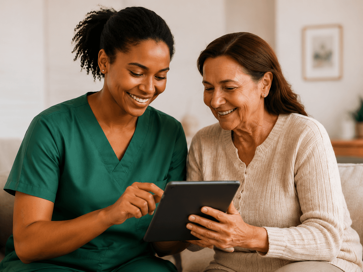 Caregiver using tablet
